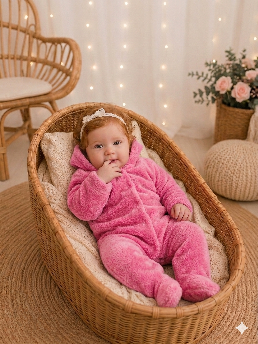 Macacão Plush Bebê com Capuz Cor:Rosa escuro;Tamanho:P( pode sofrer variações de tonalidades)
