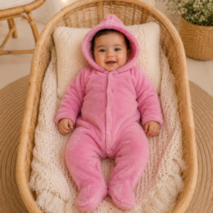 Macacão Plush Bebê com Capuz Cor:Rosa;Tamanho:RN( pode sofrer variações de tonalidades)