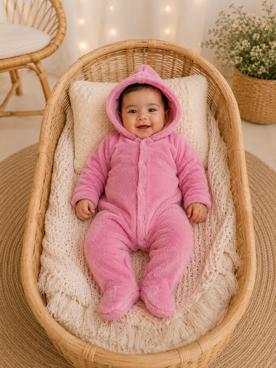 Macacão Plush Bebê com Capuz Cor:Rosa;Tamanho:RN( pode sofrer variações de tonalidades)