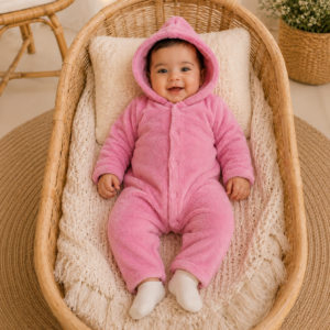 Macacão Plush Bebê com Capuz Cor:Rosa;Tamanho:G ( pode sofrer variações de tonalidades)