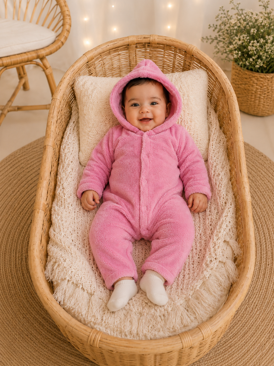 Macacão Plush Bebê com Capuz Cor:Rosa;Tamanho:G ( pode sofrer variações de tonalidades)