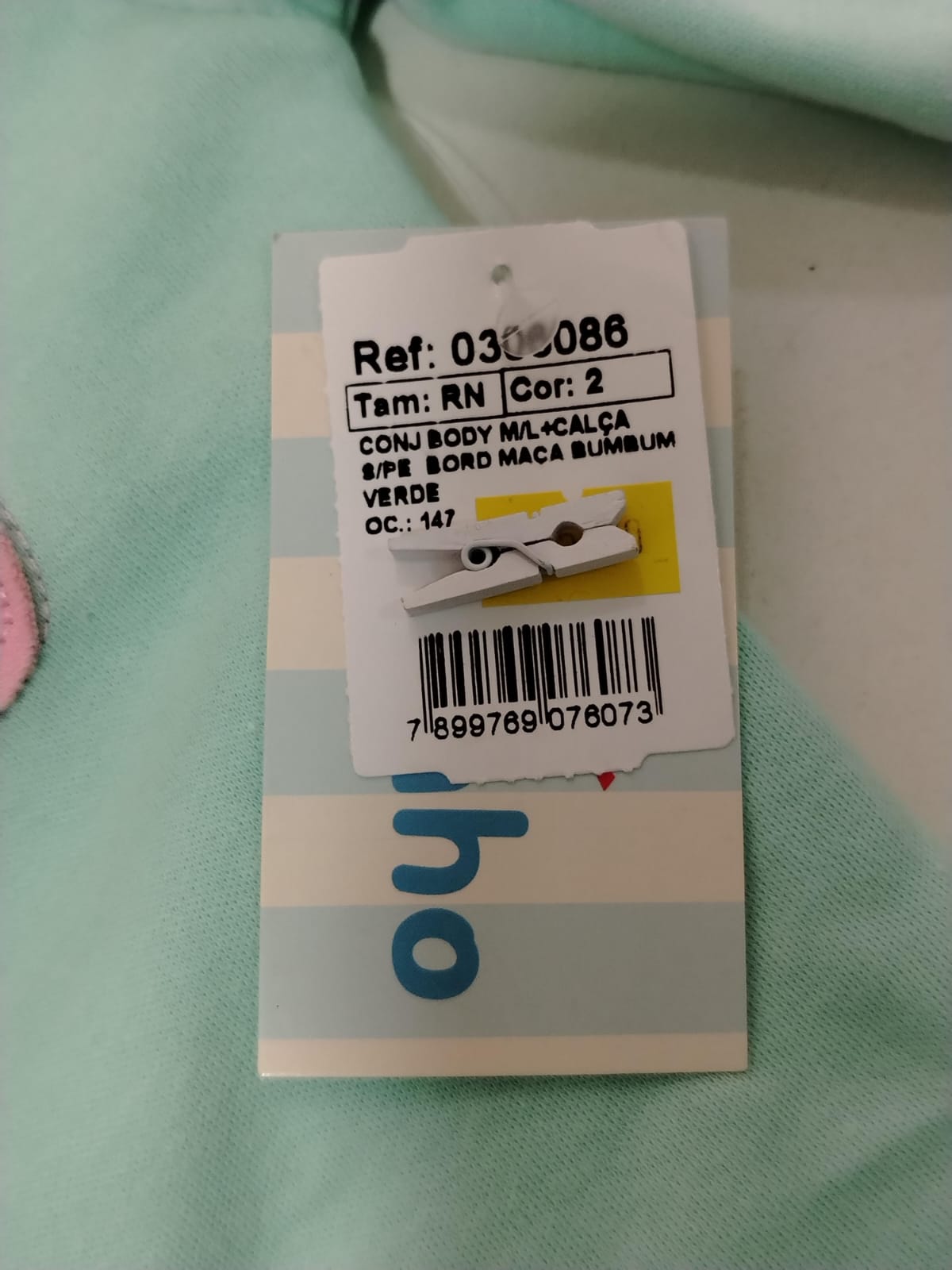 Conjunto Bebê Estilinho Body Manga Longa Verde Maçã e Mijão Rosa com Bordado no Bumbum 100% Algodão Tamanho RN - Imagem 5