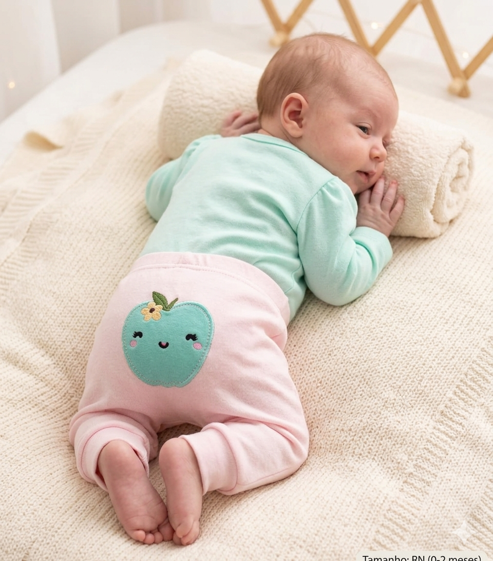 Conjunto Bebê Estilinho Body Manga Longa Verde Maçã e Mijão Rosa com Bordado no Bumbum 100% Algodão Tamanho RN