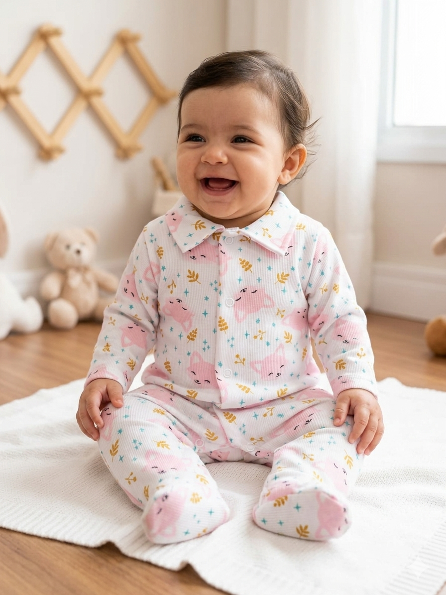 Macacão Bebê RN Estampa Raposinha Rosa com Pé 017