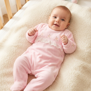 Macacão Longo de Bebê em Plush com Bordado Flores e Renda Tule PP - 7013