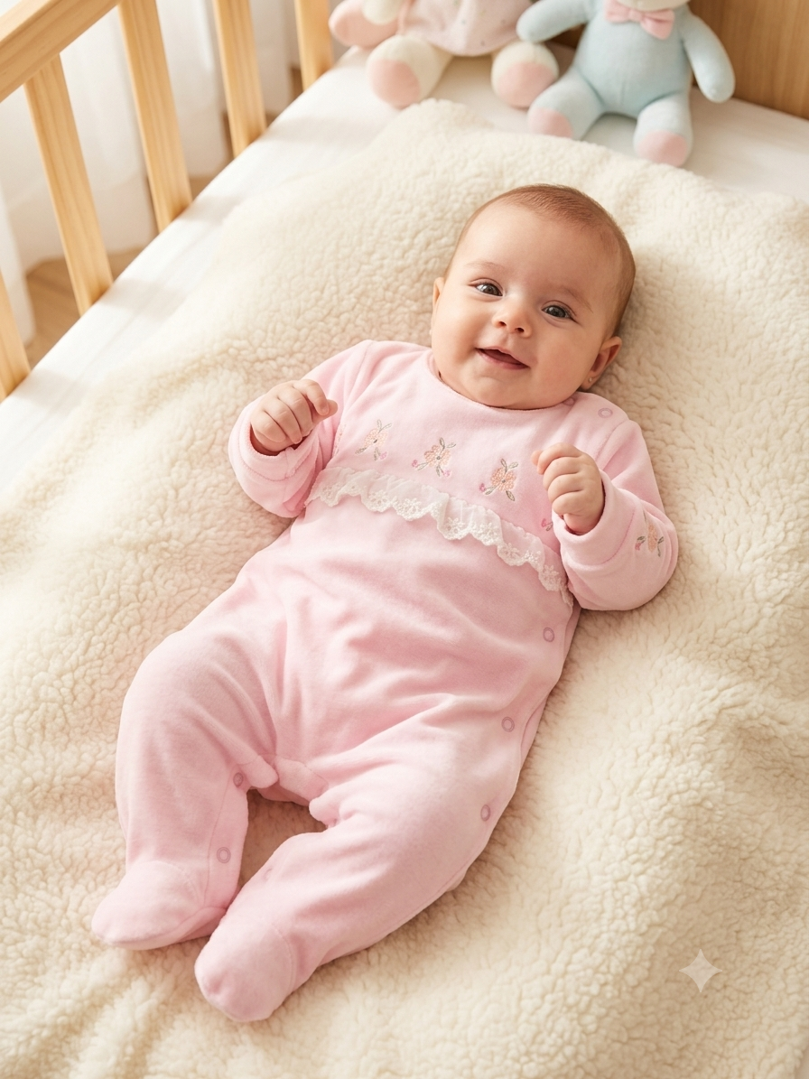 Macacão Longo de Bebê em Plush com Bordado Flores e Renda Tule PP - 7013