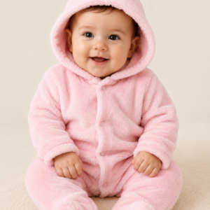 Macacão Plush Bebê com Capuz Cor:Rosa claro;Tamanho:M ( pode sofrer variações de tonalidades)