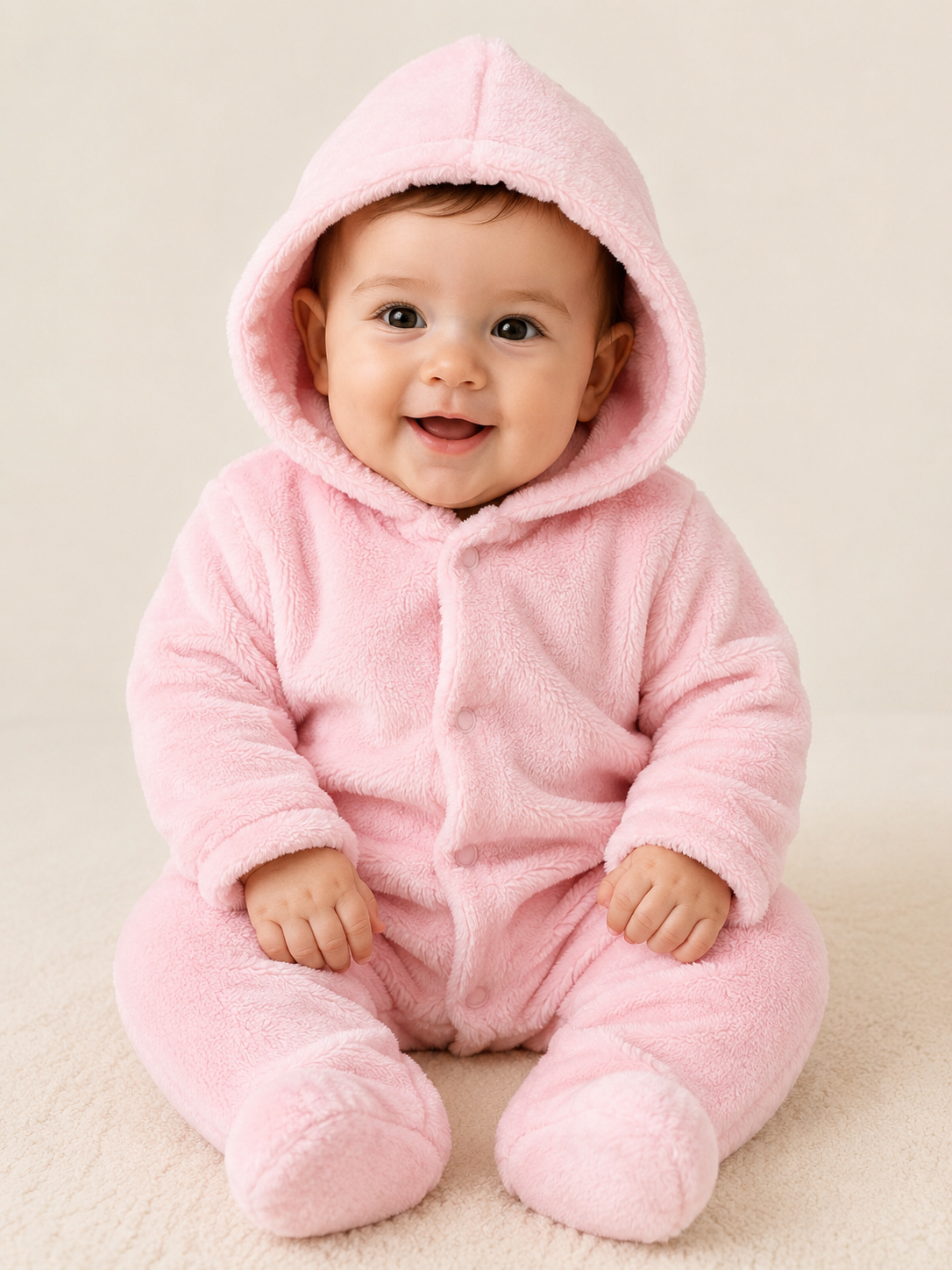 Macacão Plush Bebê com Capuz Cor:Rosa claro;Tamanho:M ( pode sofrer variações de tonalidades)