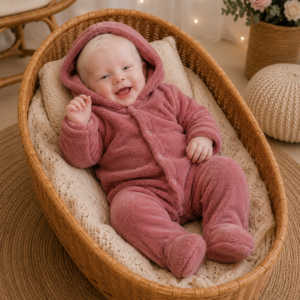 Macacão Plush Bebê com Capuz Cor:Rosa Telha;Tamanho:M ( pode ter diferença de tonalidade)