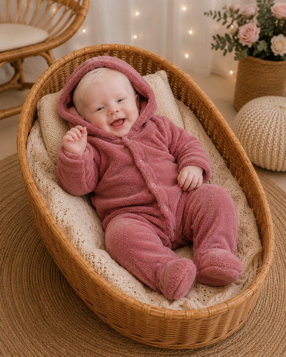 Macacão Plush Bebê com Capuz Cor:Rosa Telha;Tamanho:M ( pode ter diferença de tonalidade)