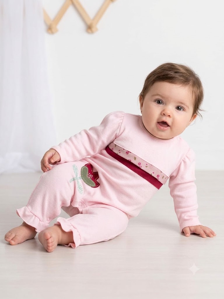 Macacão Longo de Bebê Sued Bordado Tulipa Rose 0201347 P