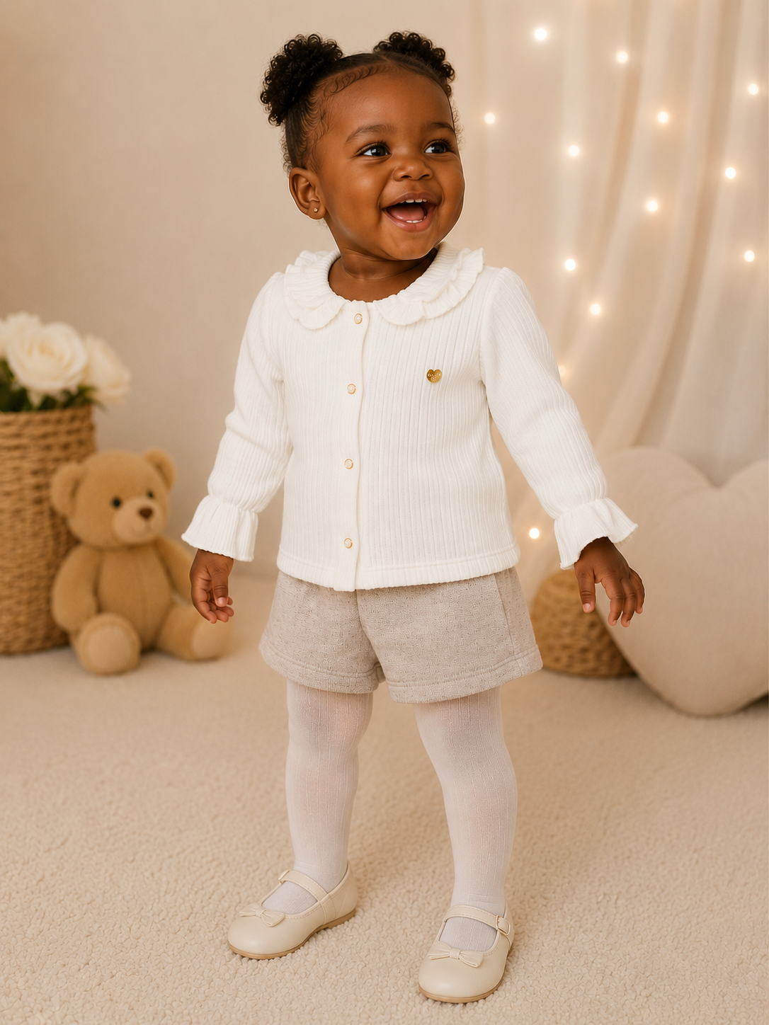 Conjunto Menina Blusa Off White Canelada com Short Blush Baby Doces Momentos Ref. 6938 Tam M