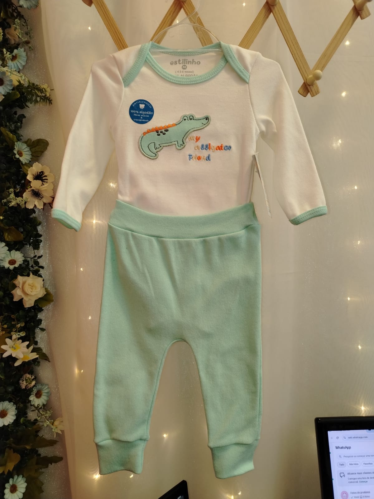 Conjunto Body Bordado Jacaré White com Calça Verde Água 0306072 Tam M - Imagem 2