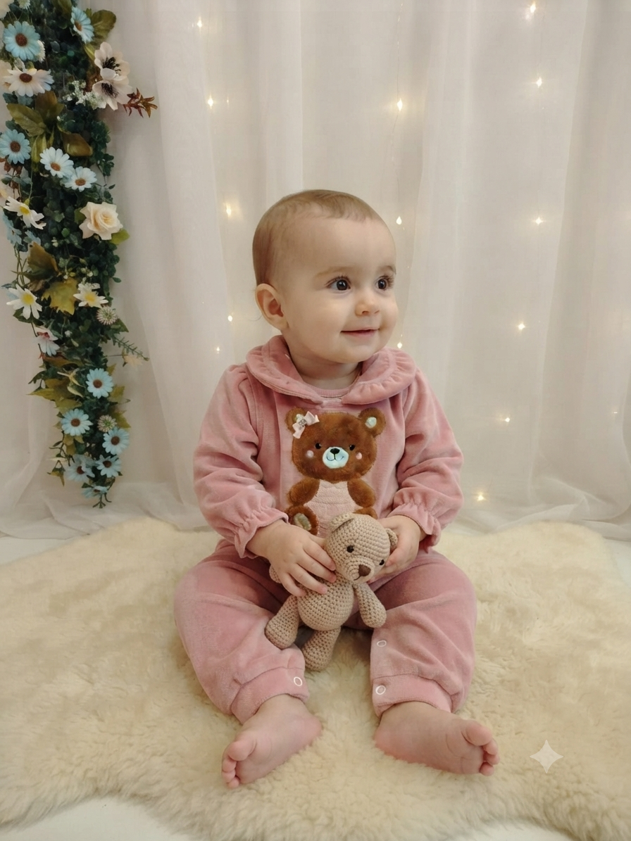 Macacão Infantil Plush Ursinha Rosa Manu Baby's Ref. 189 Tam G