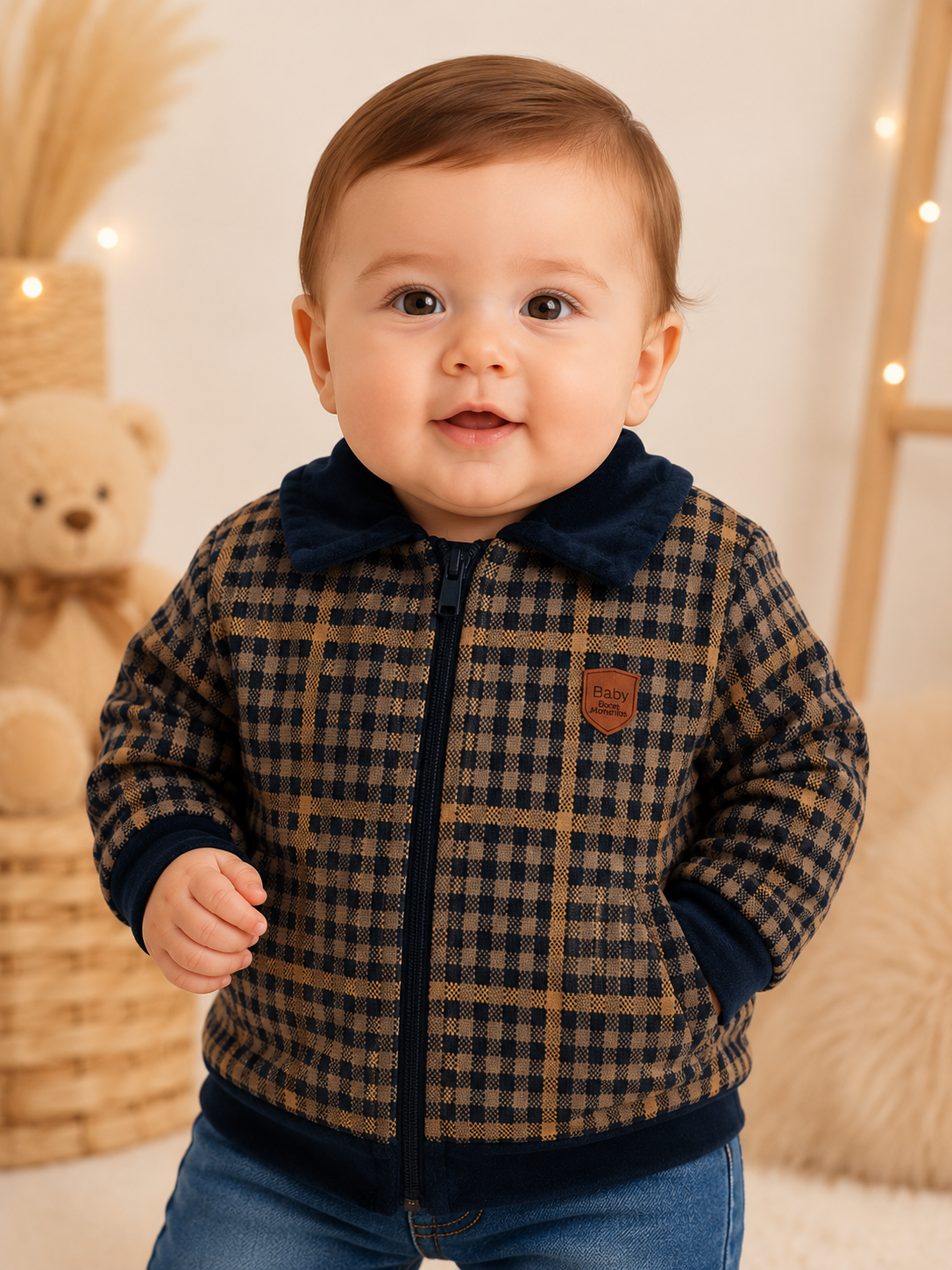 Casaco Jacquard My Boy Marinho e Mostarda Baby Doces Momentos Ref. 6901 Tam M