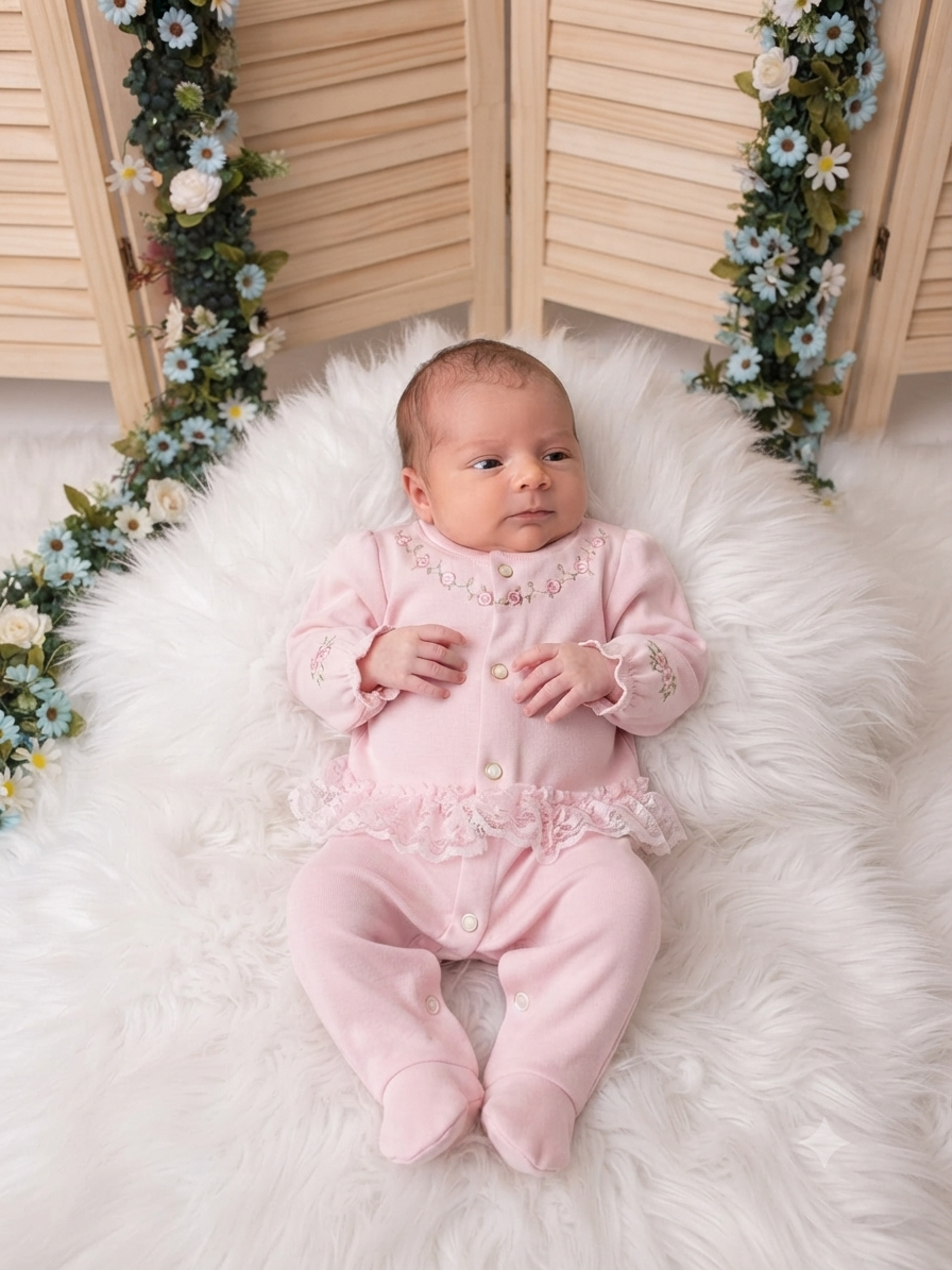 Macacão Longo de Malha Rosa Bordado Manu Baby Ref. 247 Tam RN