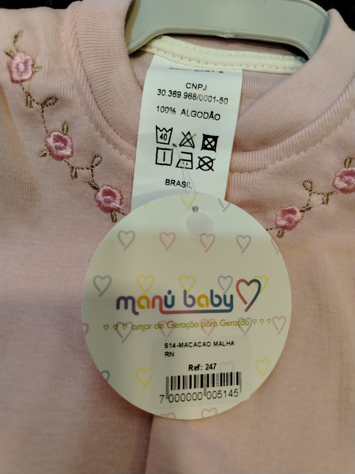 Macacão Longo de Malha Rosa Bordado Manu Baby Ref. 247 Tam RN - Imagem 5