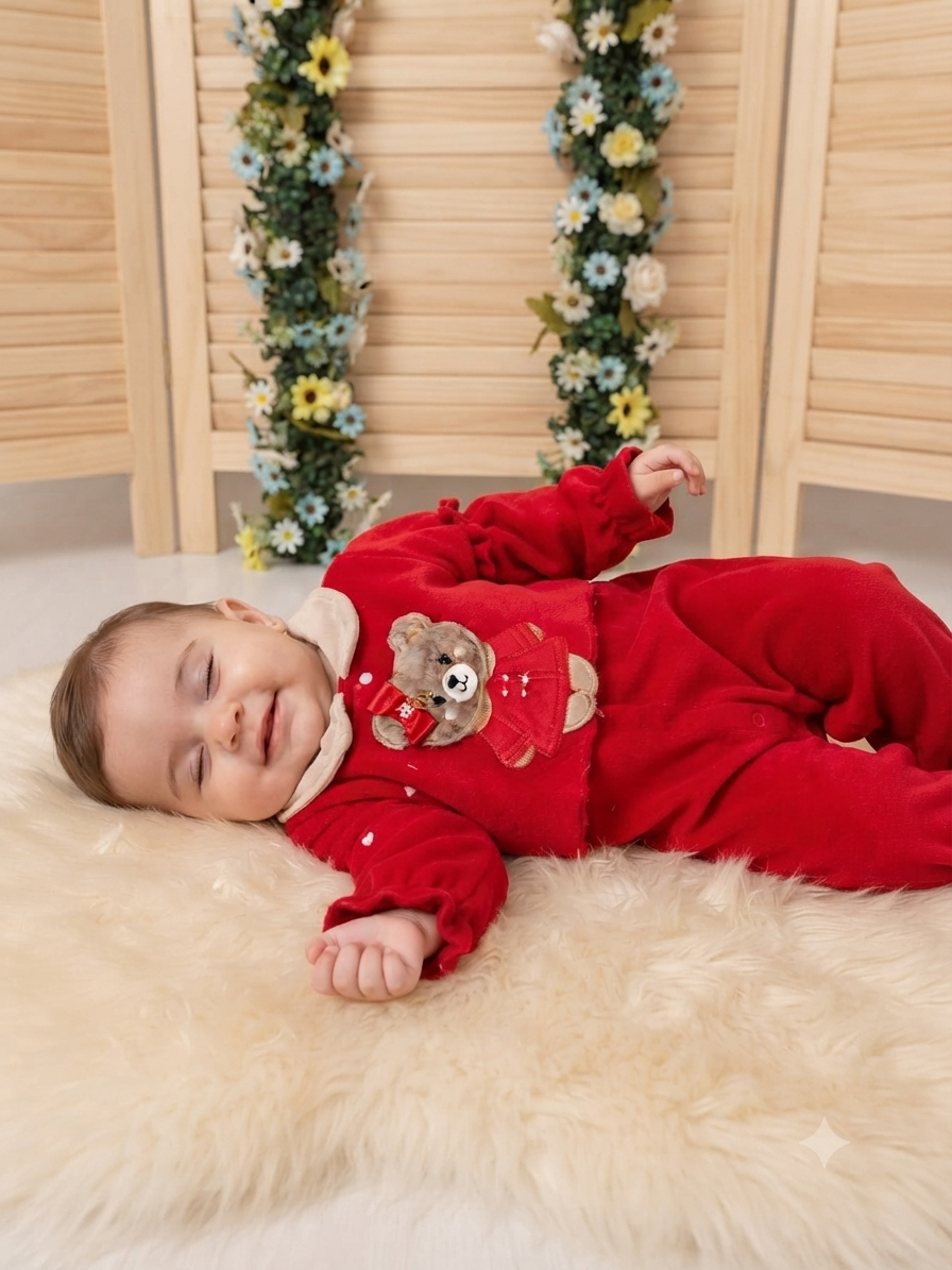Macacão Infantil Plush Ursa vermelho Manu Baby's Ref. 188 Tam M