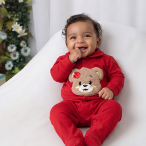 Macacão Bebê Longo Vermelho Ursinha Plush Manu Baby Ref. 27 Tam P