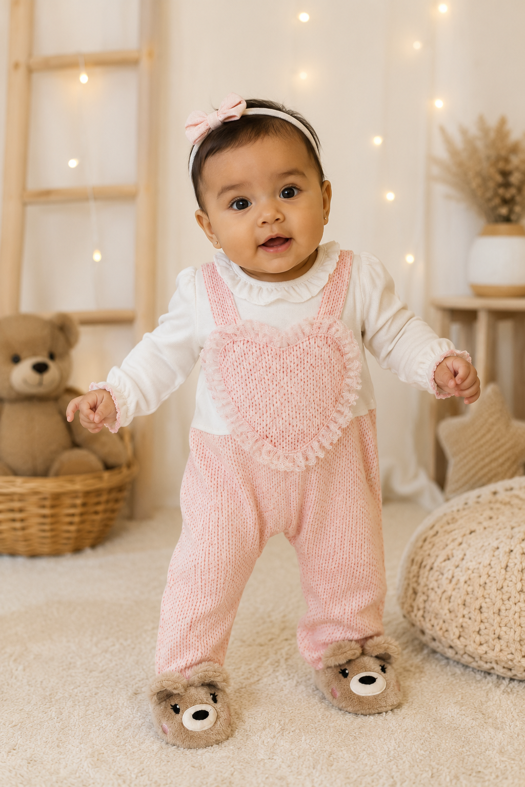 Macacão Longo Falsa Jardineira Rosa com Pé de Urso Manu Baby Ref. 026 Tam RN