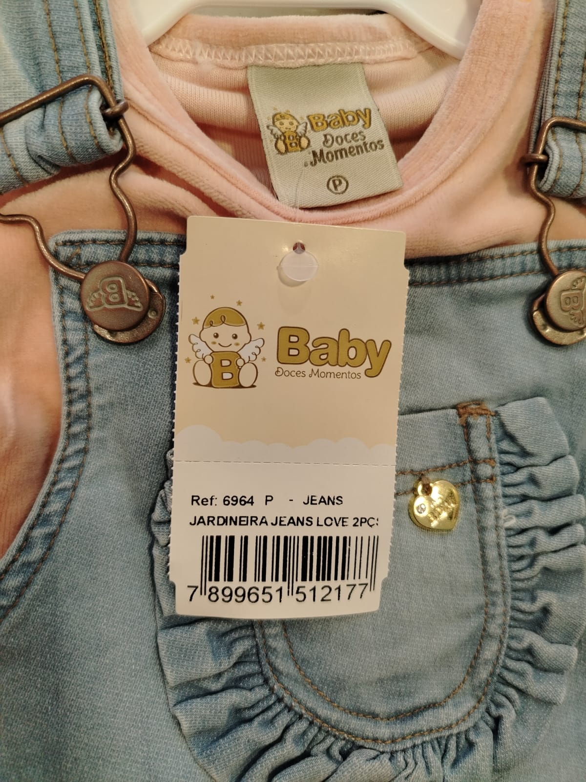 Conjunto bebê Jardineira Jeans e Blusa Plush Rosa Baby Doces Momentos Ref. 6964 Tam P - Imagem 3