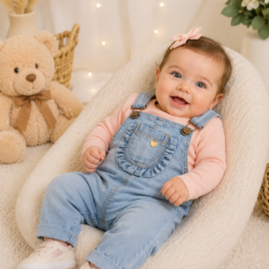Conjunto bebê Jardineira Jeans e Blusa Plush  Rosa Baby Doces Momentos Ref. 6964 Tam P