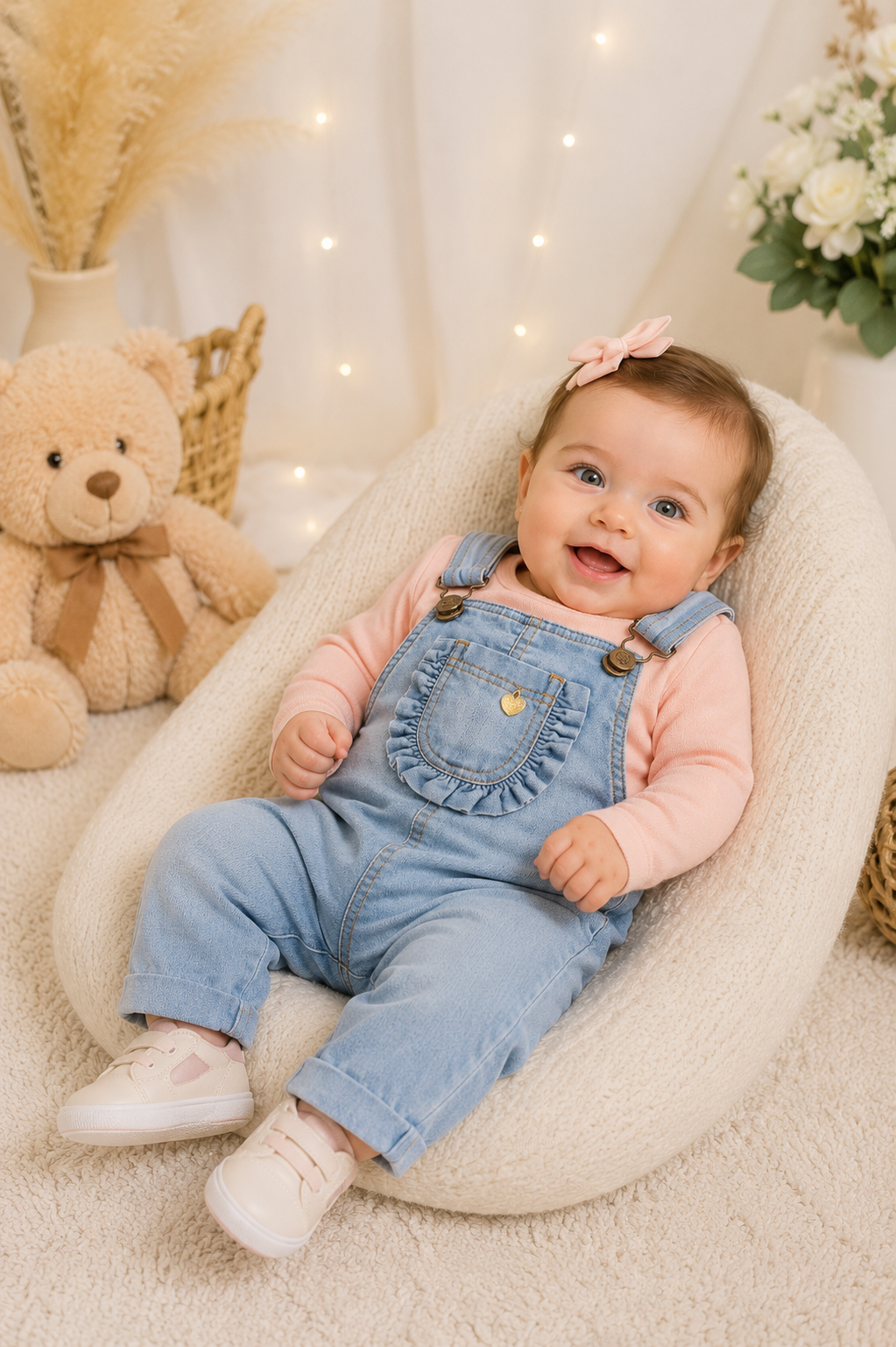 Conjunto bebê Jardineira Jeans e Blusa Plush Rosa Baby Doces Momentos Ref. 6964 Tam P