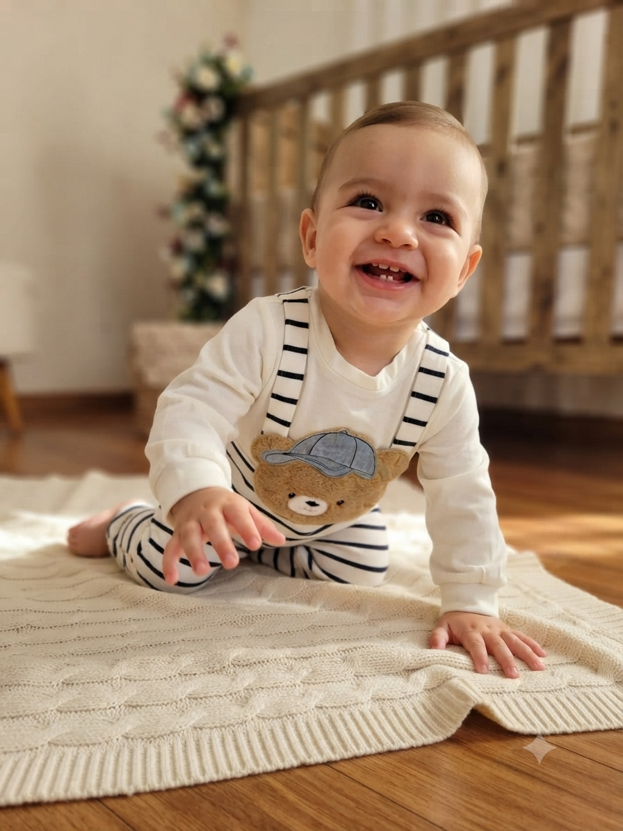 Macacão Bebê Falsa Jardineira Listrado Ursinho Boné Manu Baby Ref. 028 Tam M