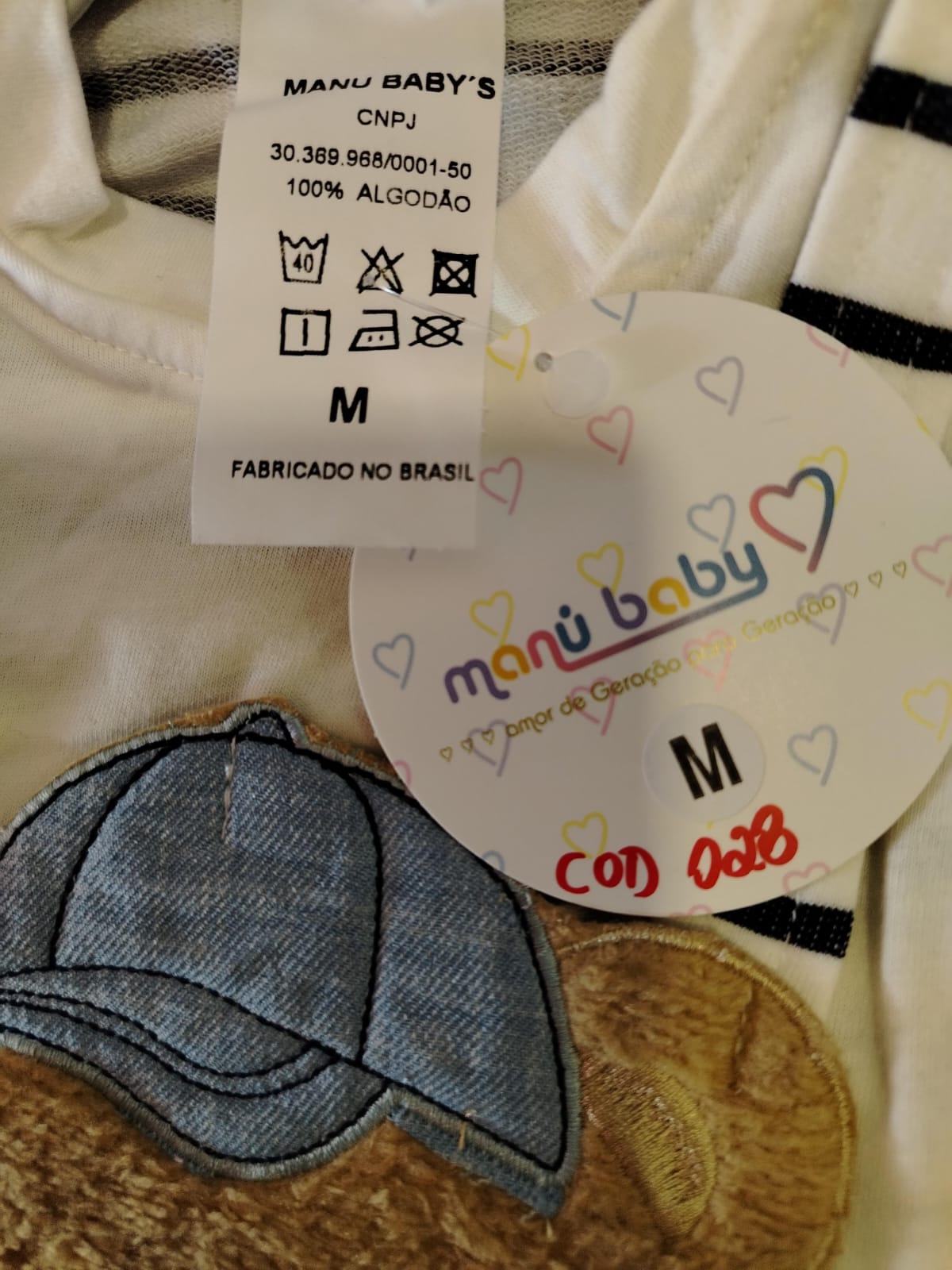 Macacão Bebê Falsa Jardineira Listrado Ursinho Boné Manu Baby Ref. 028 Tam M - Imagem 4