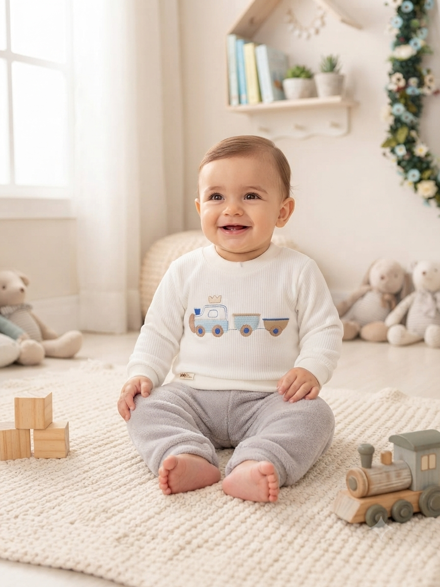 Conjunto bebê Plush Trenzinho Off-White e Cinza Baby Doces Momentos Ref. 6882 Tam P
