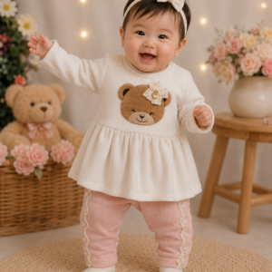 Conjunto  bebê Bata Off-White Ursinha e Calça Rosa Surreal Baby Doces Momentos Ref. 6945 Tam P