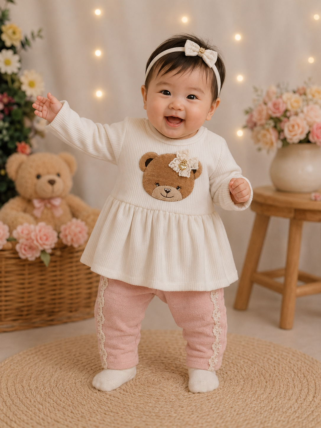 Conjunto bebê Bata Off-White Ursinha e Calça Rosa Surreal Baby Doces Momentos Ref. 6945 Tam P