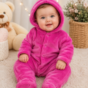 Macacão Plush Bebê com Capuz Cor:Rosa escuro;Tamanho:G ( pode sofrer variações de tonalidades)