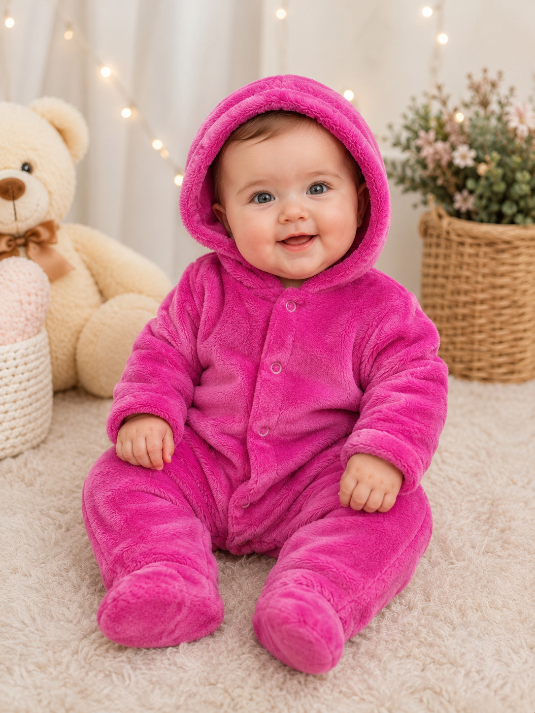 Macacão Plush Bebê com Capuz Cor:Rosa escuro;Tamanho:M( pode sofrer variações de tonalidades)