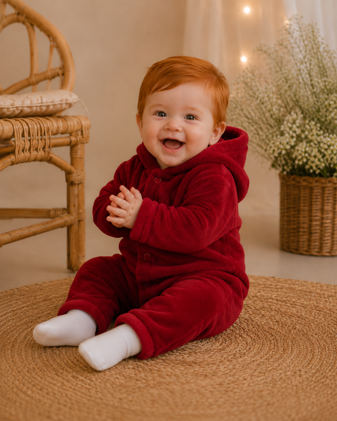 Macacão Plush Bebê com Capuz Cor:Vermelho;Tamanho:M ( pode ter variação de tonalidades)