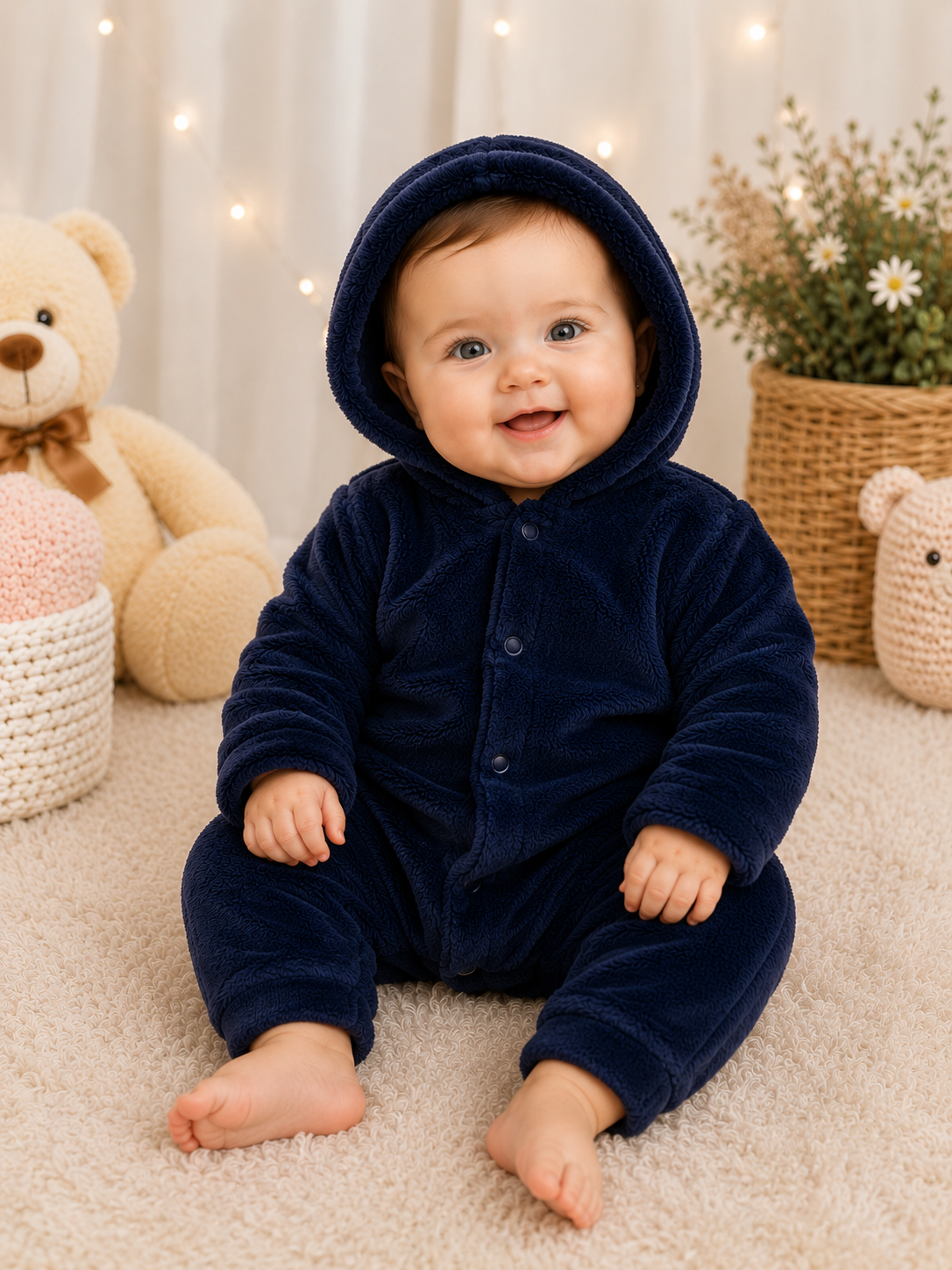 Macacão Plush Bebê com Capuz Cor:Azul Marinho;Tamanho: G