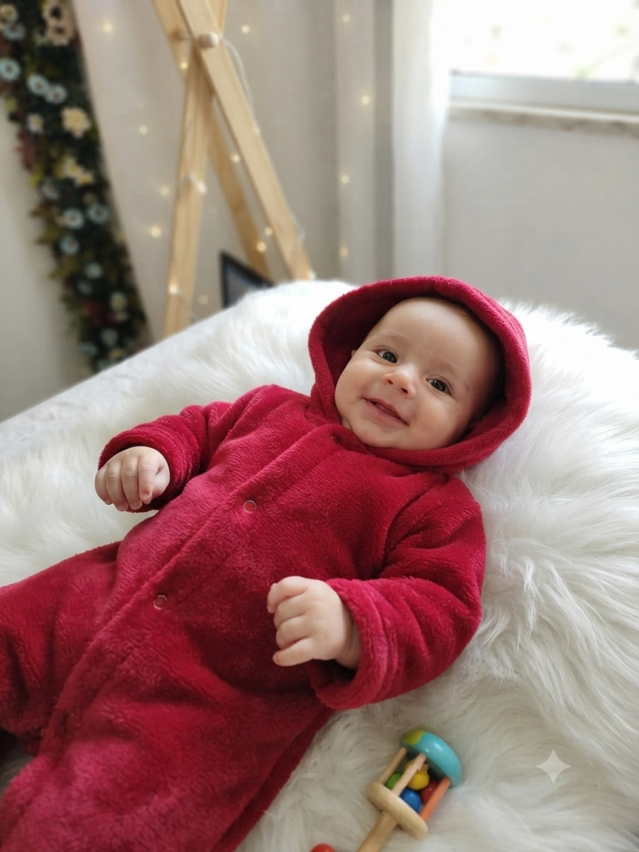 Macacão Plush Bebê com Capuz Cor:Vermelho;Tamanho:M ( pode ter variação de tonalidade)