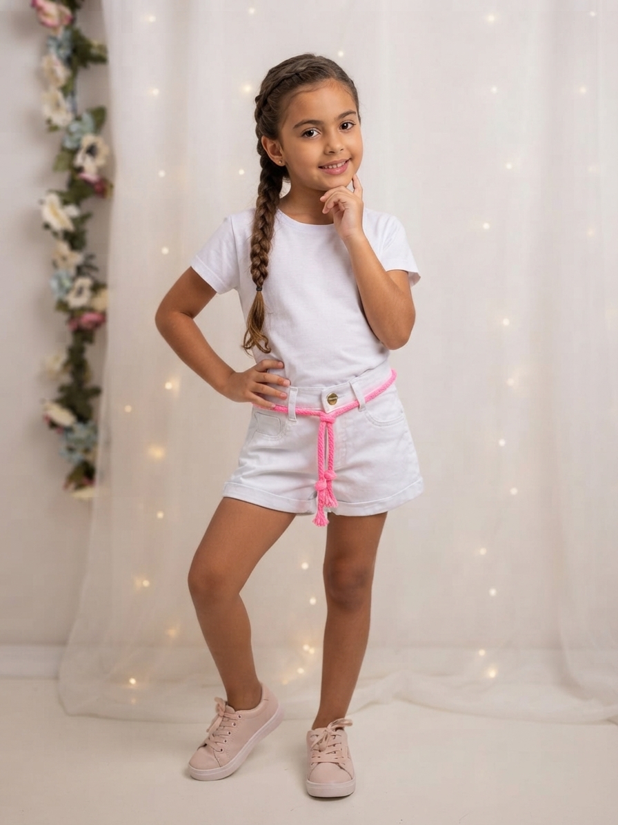 Shorts Jeans Infantil Feminino Branco Trajadinhos - Ref. 14404 - Tam. 8